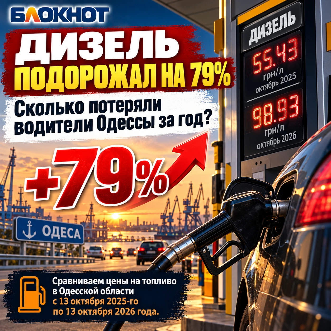 ⛽️ Дизель в Одессе подорожал почти на 79%, бензин на 53%