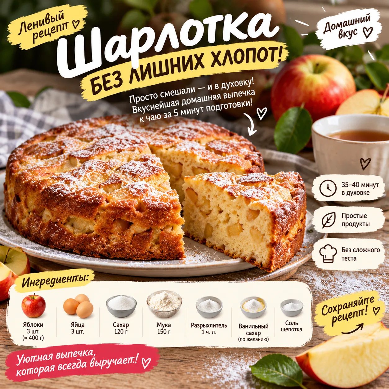 🍎 ШАРЛОТКА БЕЗ ЛИШНИХ ХЛОПОТ!