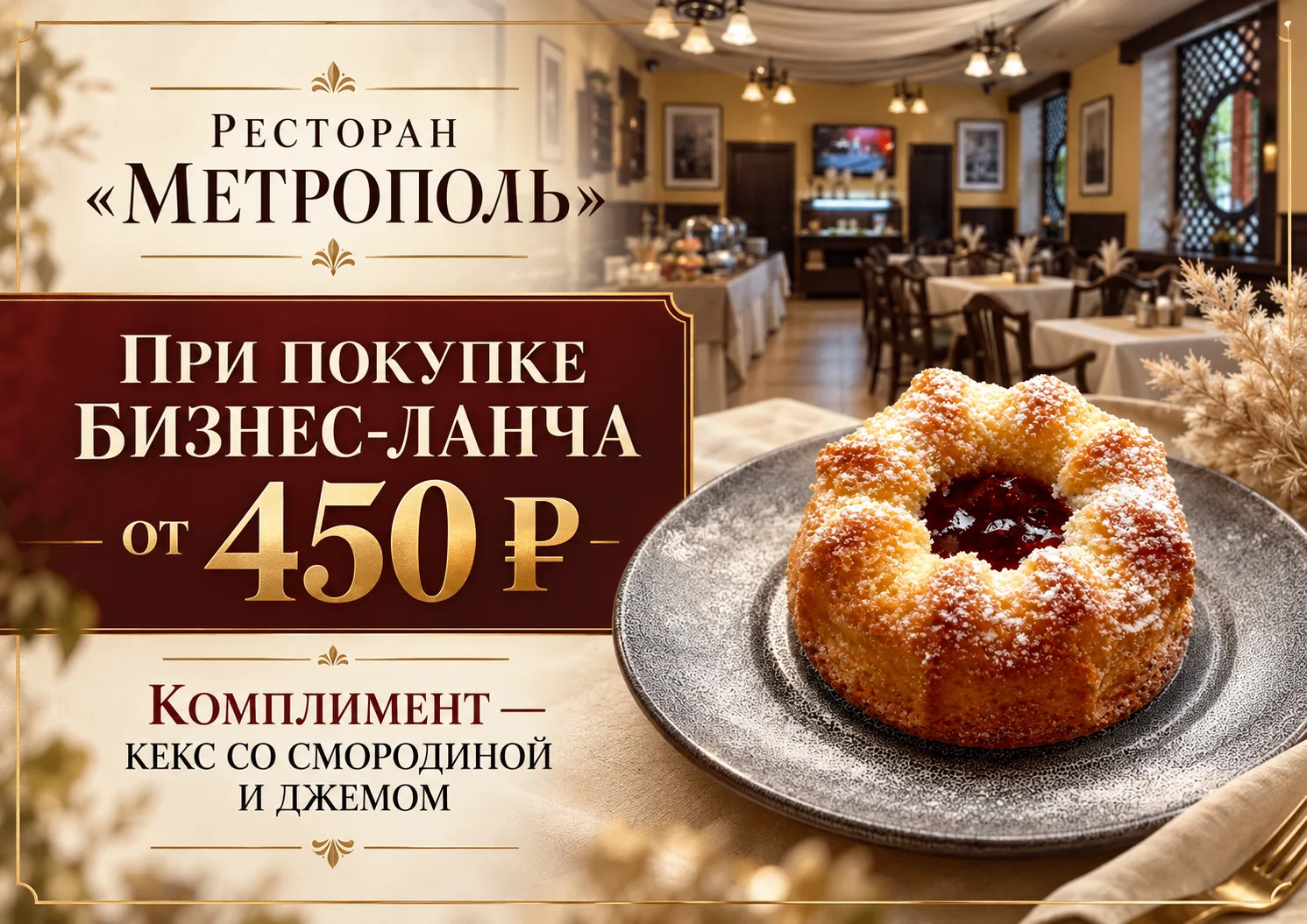 Бизнес-ланч с приятным дополнением 🍽️При заказе от 450 ₽ — кекс со смородиной и джемом...