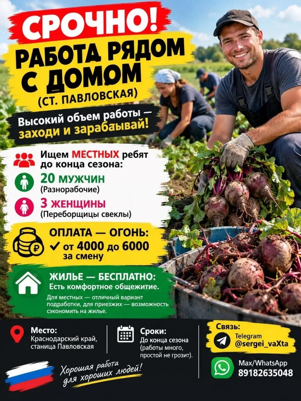 🔊 СРОЧНО! РАБОТА РЯДОМ С ДОМОМ (СТ. ПАВЛОВСКАЯ)!