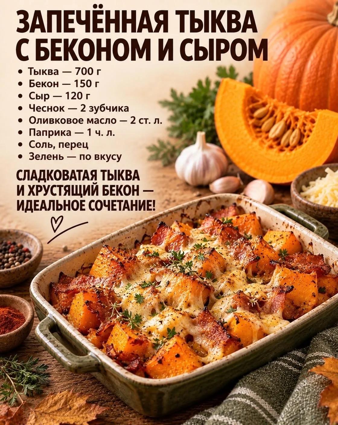 Запечённая тыква с беконом и сыром 🎃 🥓