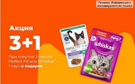 При покупке 4 влажных рационов Perfect Fit или Whiskas каждый 4-й — в подарок 🎁