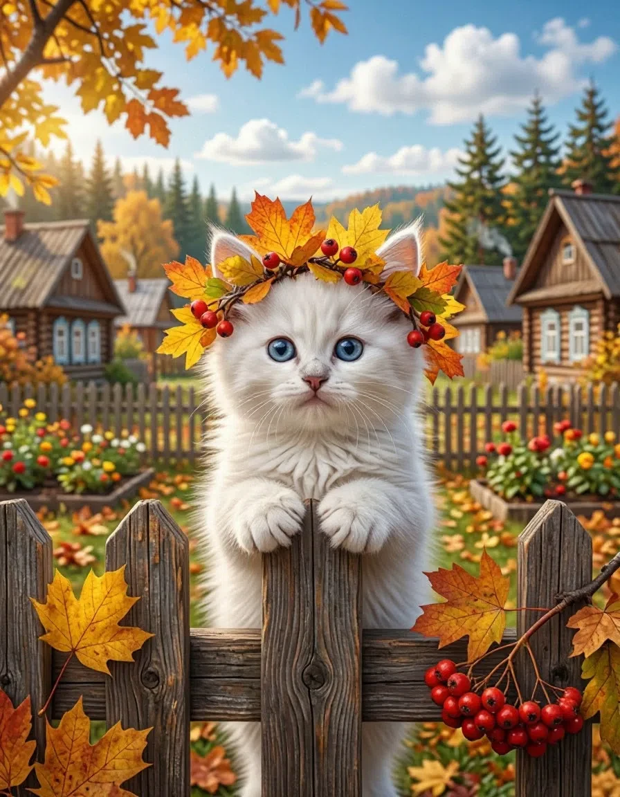 Осенняя идиллия: котёнок у забора.