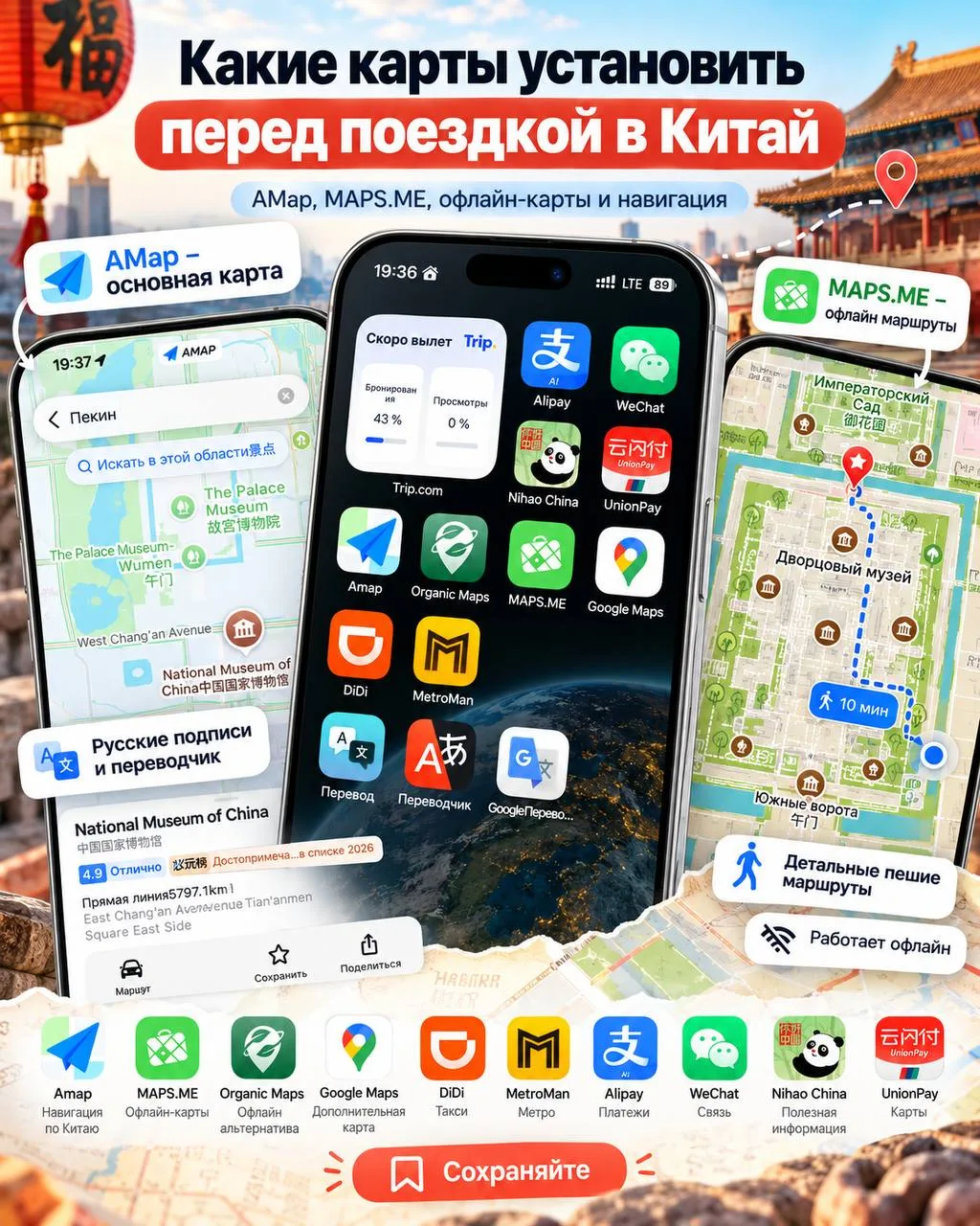 Какие карты установить перед поездкой в Китай 🇨🇳