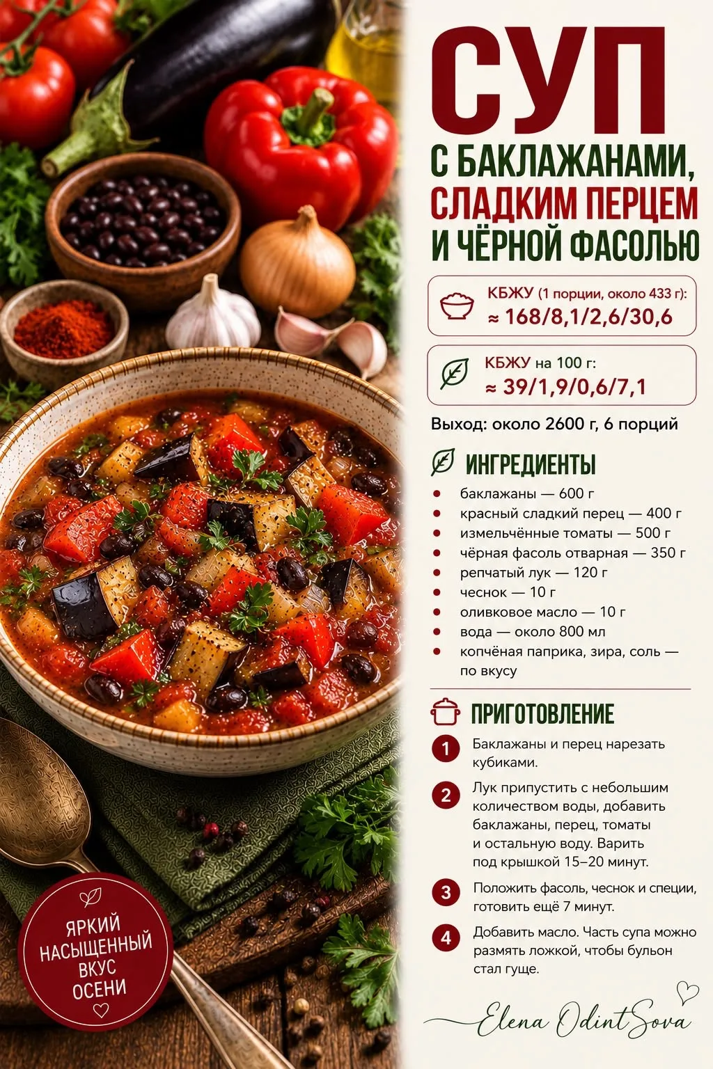 🍆 Суп с баклажанами, сладким перцем и чёрной фасолью