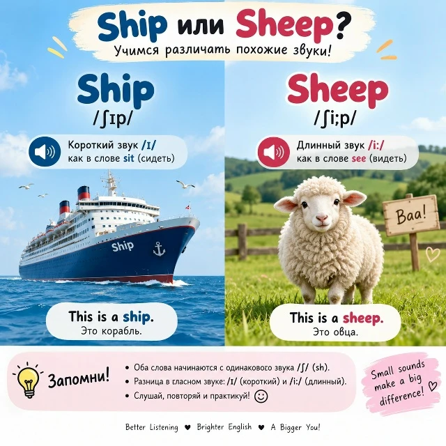 🇬🇧 Ship или Sheep? Учимся различать похожие звуки! 🐑🚢