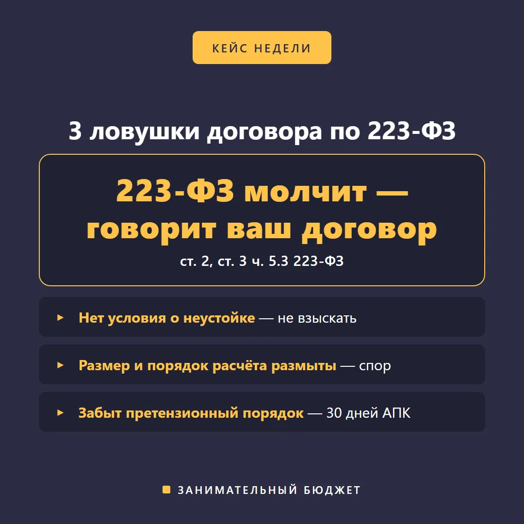 Поставщик просрочил по 223-ФЗ: ищем формулу неустойки — и не находим