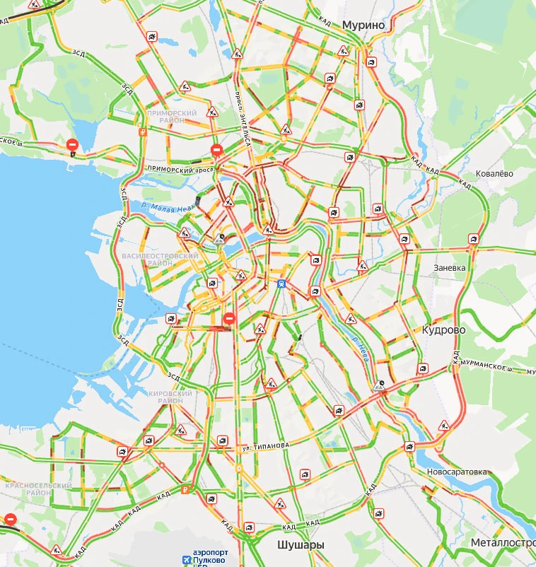 Пробки в Петербурге достигли 9 баллов. Судя по онлайн-картам, в городе сейчас много ДТП...