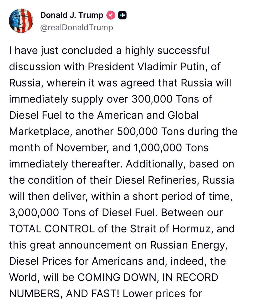 Трамп рассказал о разговоре с Путиным и поставках дизеля