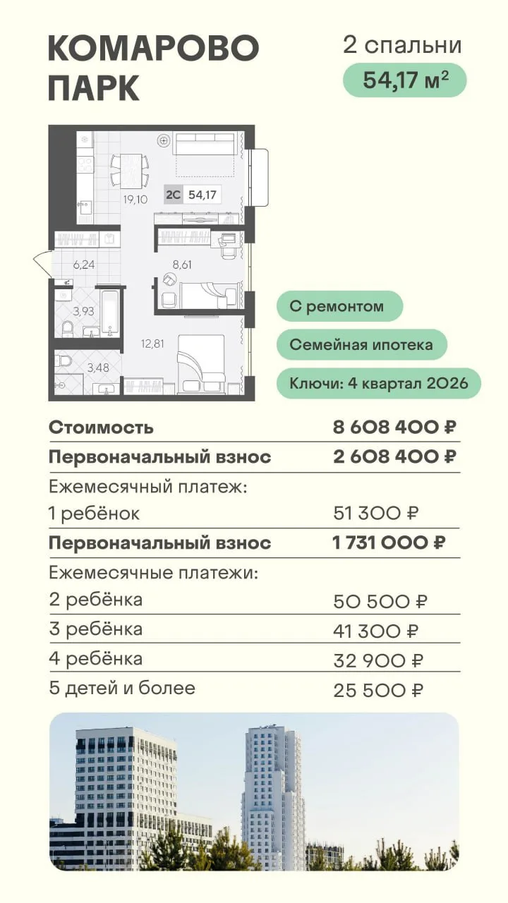 🏗2-КОМНАТНАЯ КВАРТИРА ОТ 21 600 ₽ В МЕСЯЦ