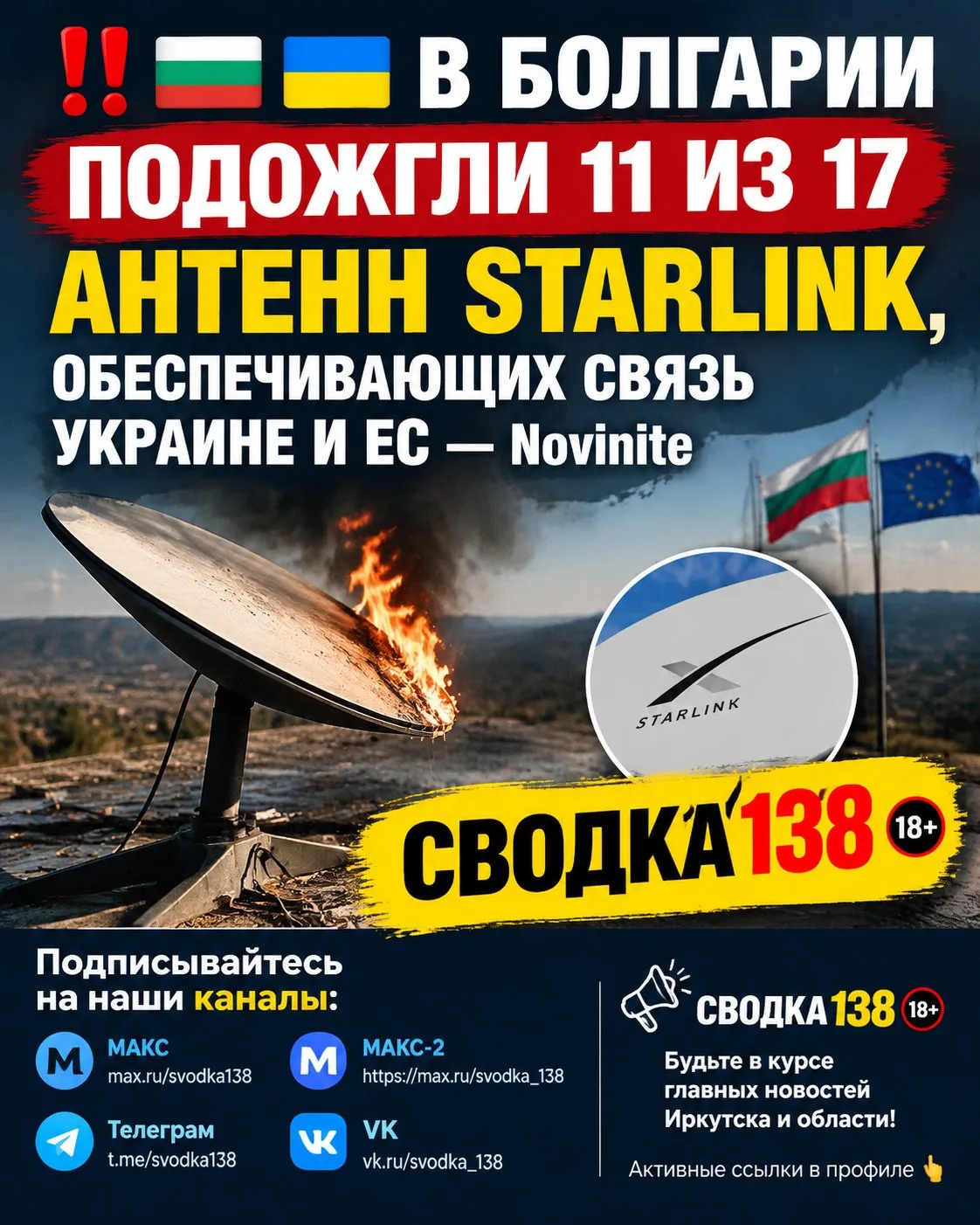 ‼️🇧🇬🇺🇦 В Болгарии подожгли 11 из 17 антенн Starlink, обеспечивающих связь Украине и...