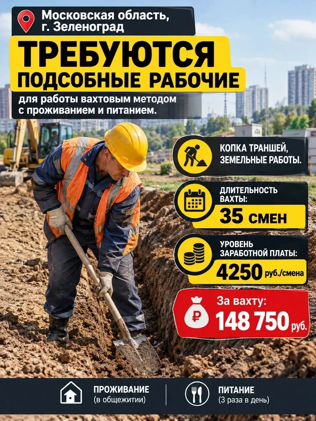 🏗️В Московскую область, г.Зеленоград, требуются - подсобные рабочие для работы вахтовы...