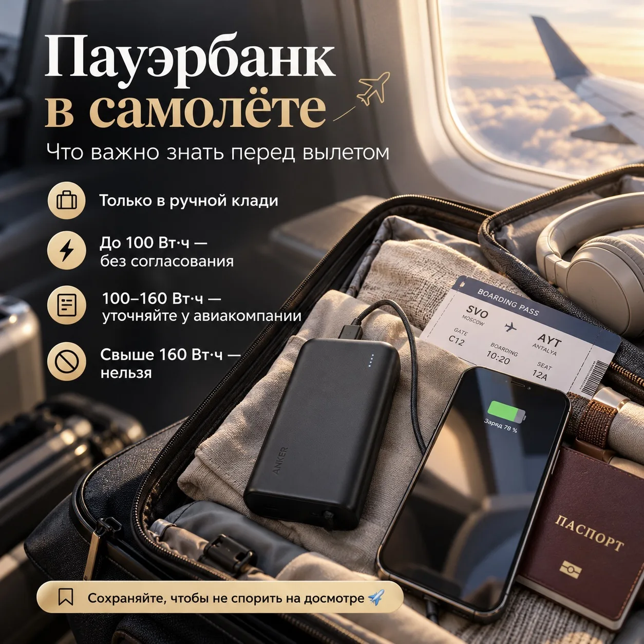 🔋✈️ Пауэрбанк в самолёте: новые правила, из-за которых можно остаться без любимой заря...