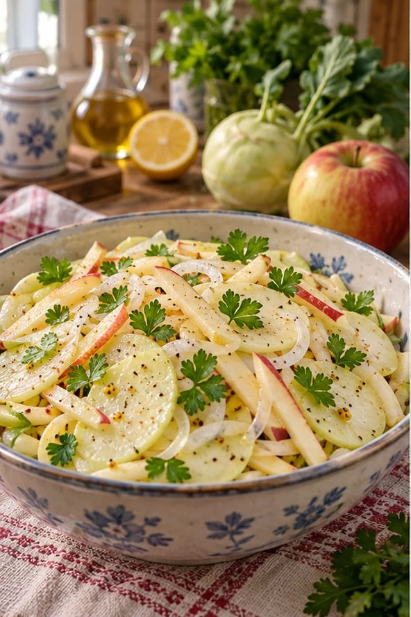 САЛАТ ИЗ КОЛЬРАБИ С ЯБЛОКОМ — РЕЖУ КОЛЬРАБИ ТОНКИМИ КРУЖКАМИ
