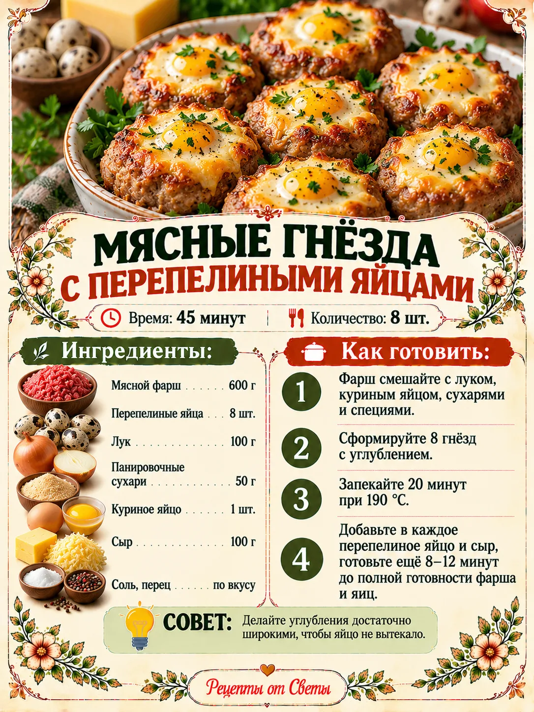 🥩 Мясные гнёзда с перепелиными яйцами