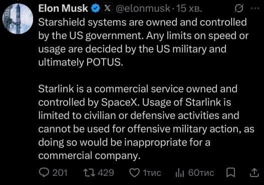 Илон Маск заявил, что ограничения скорости и использование Starshield определяют военны...