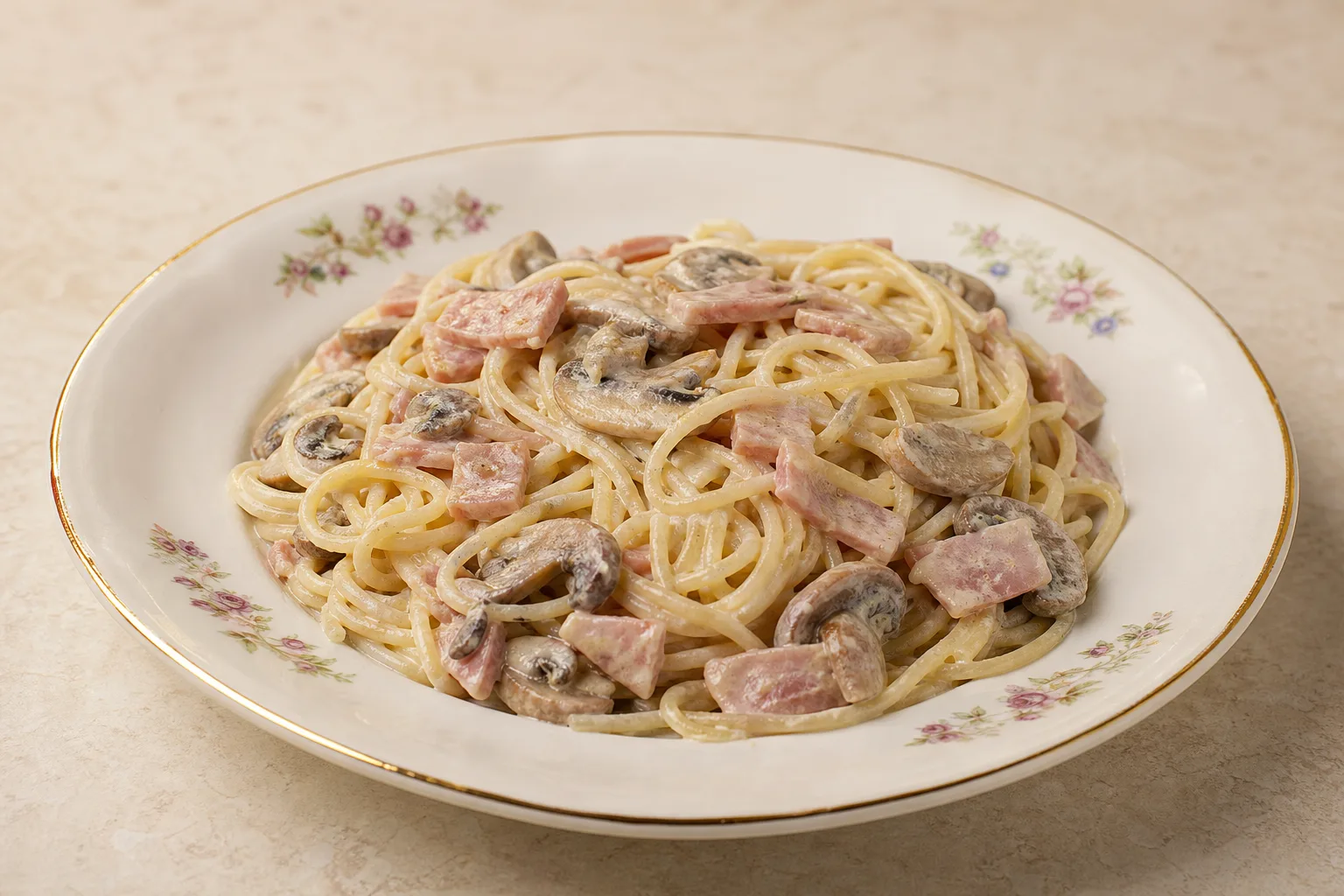 Паста с ветчиной и грибами