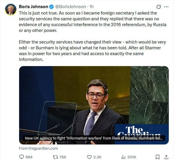 🇬🇧 Бывший премьер-министр Великобритании Борис Джонсон опроверг слова нынешнего премь...