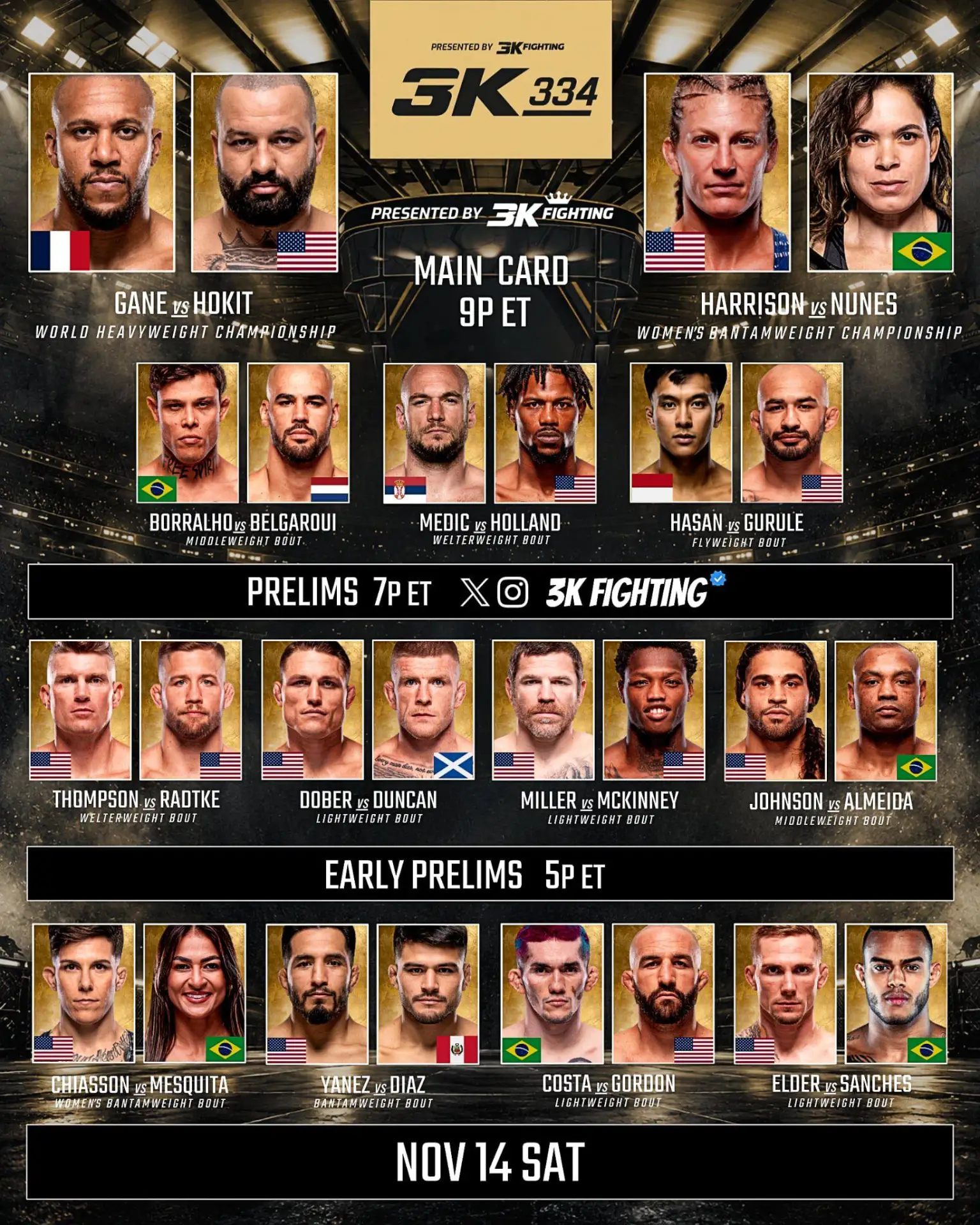 Актуальный кард турнира UFC 334, который состоится 14 ноября.