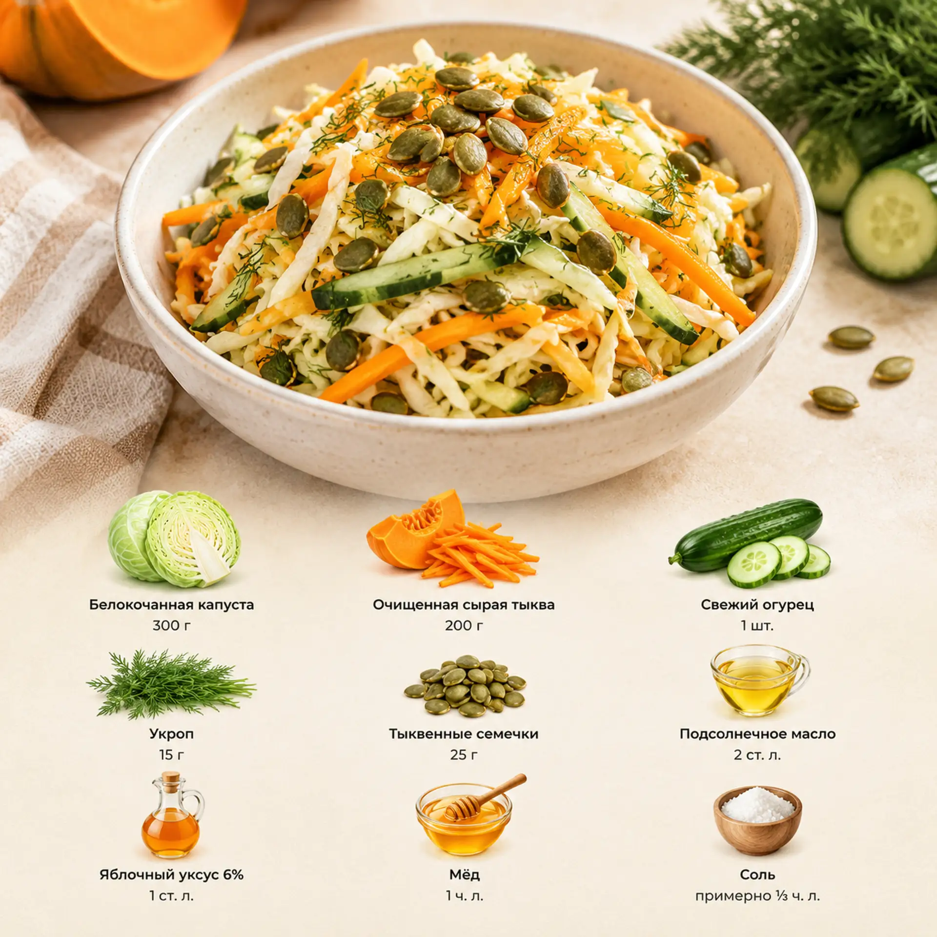 Салат «Осенний хруст» с капустой, тыквой и огурцом 🤤