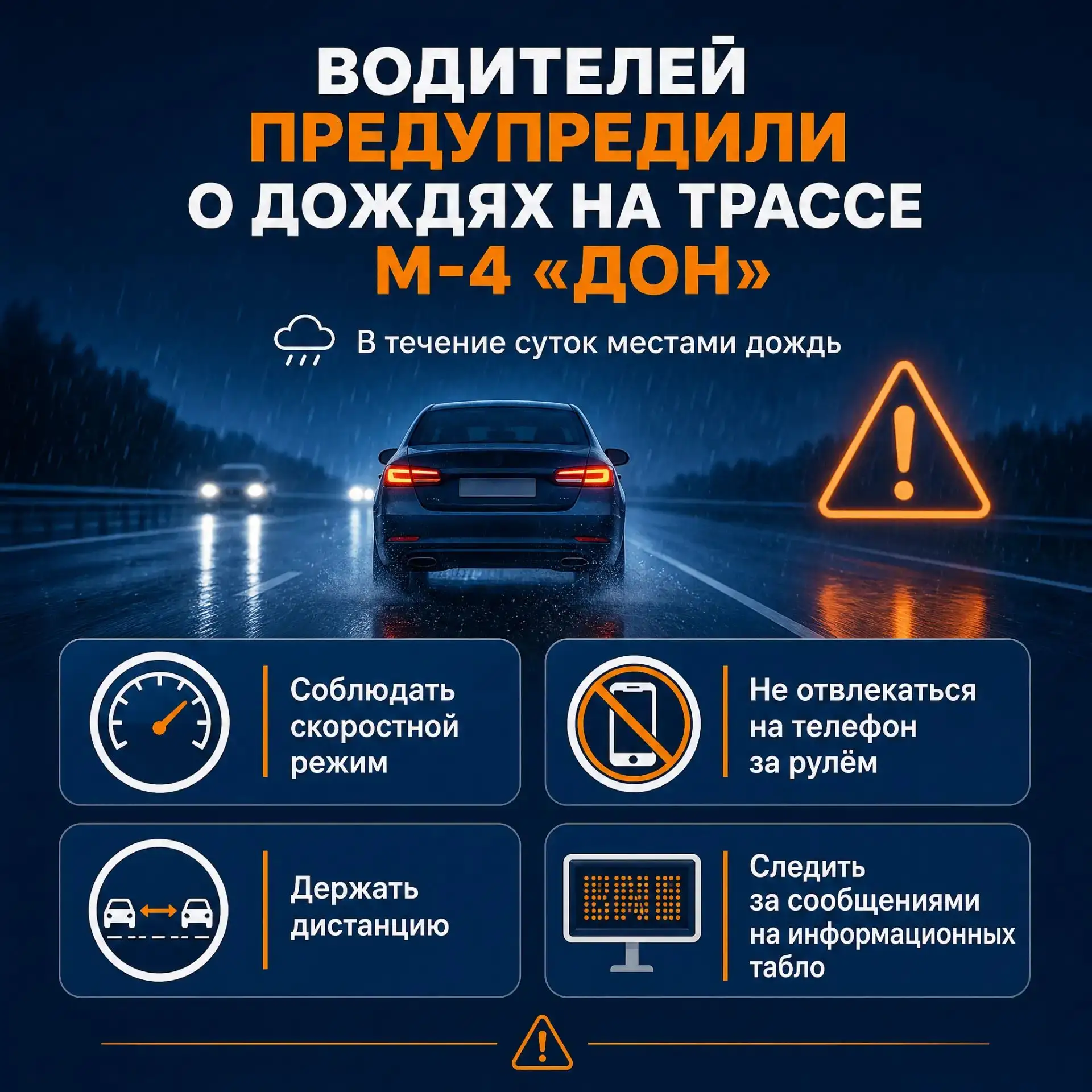 🌧️ Водителей Ростовской области предупредили о дождях на трассе М-4 «Дон».