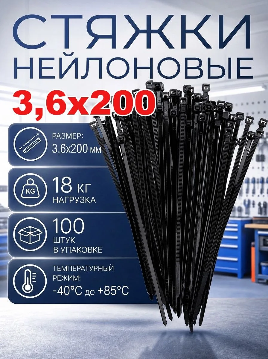 🟠 Стяжки пластиковые (хомуты) 3,6*200 черные, нейлоновые,100 штук