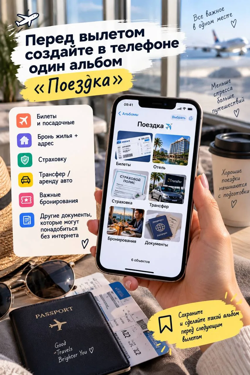 ✈️ Перед вылетом создайте в телефоне один альбом «Поездка»