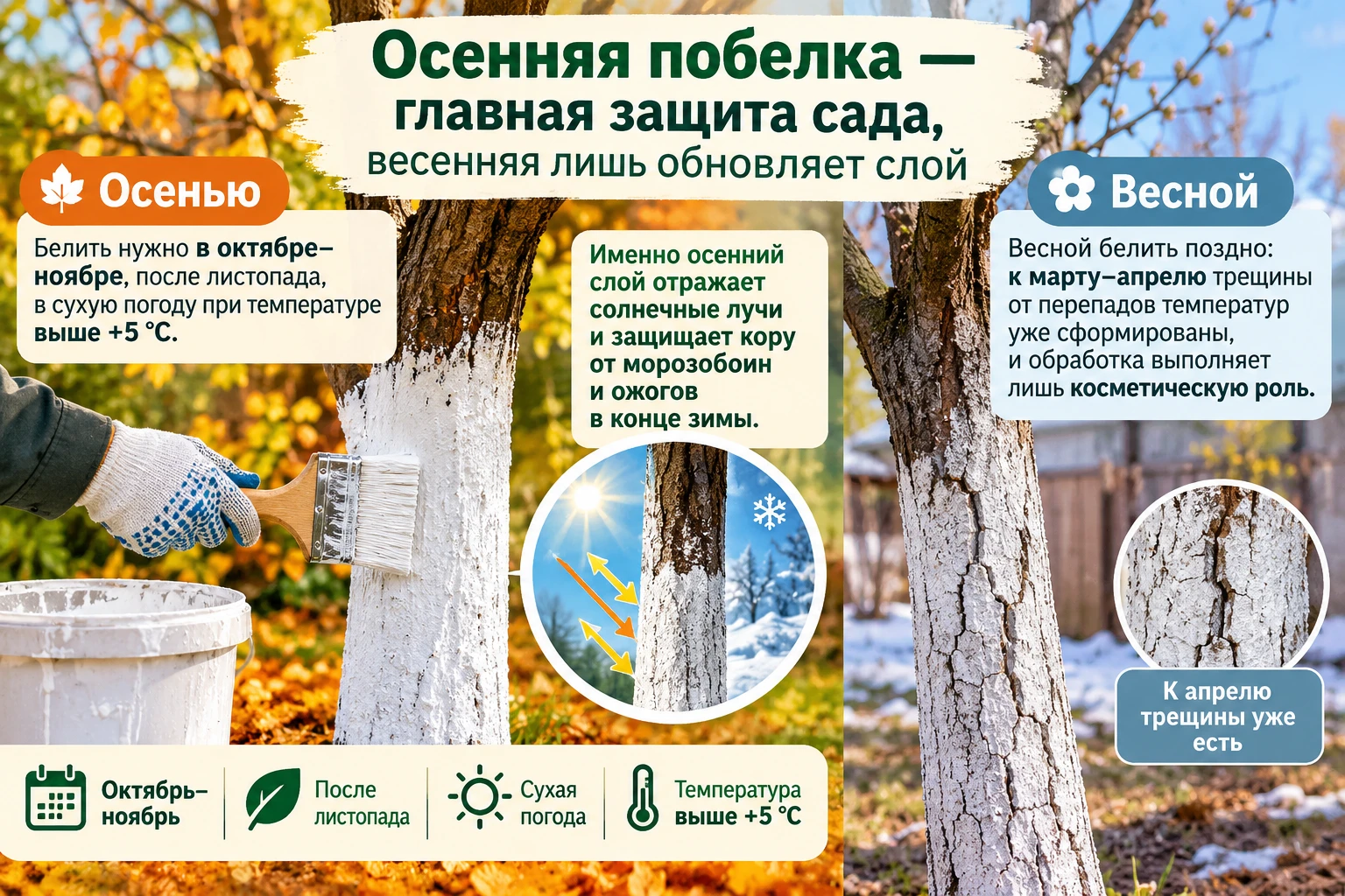 Осенняя побелка — главная защита сада, весенняя лишь обновляет слой 🌳