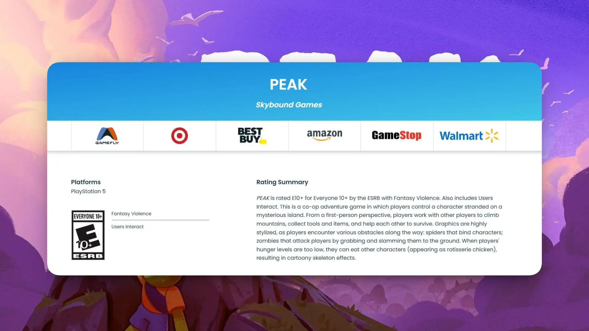 PEAK получил рейтинг от ESRB для PS5