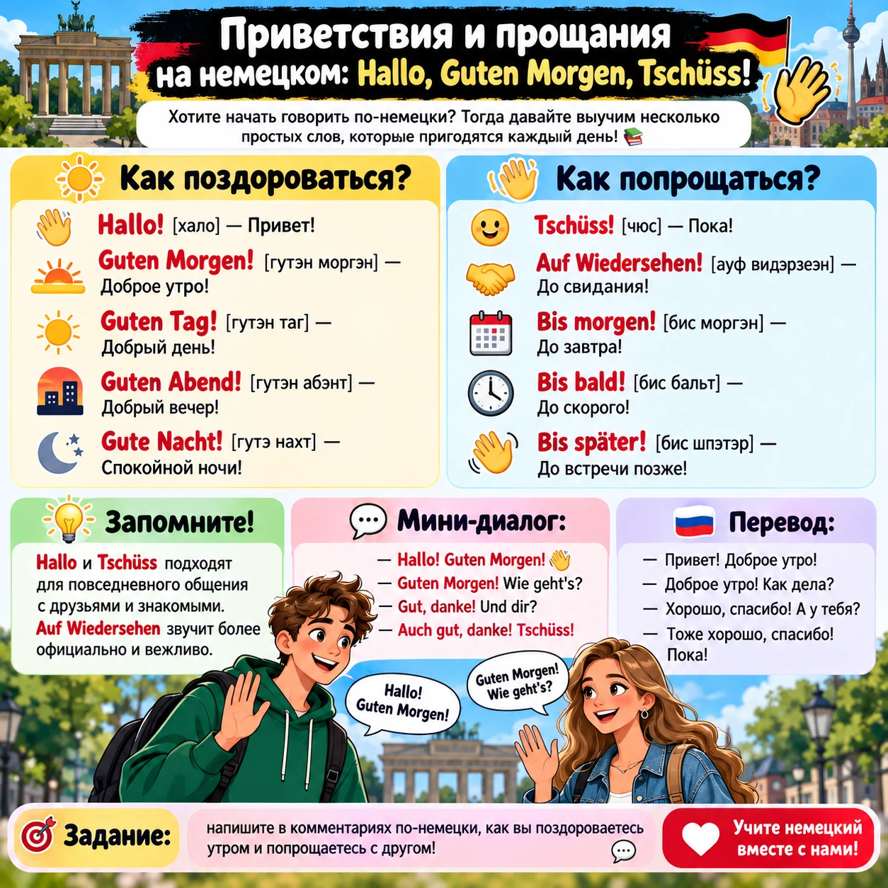 🇩🇪 Приветствия и прощания на немецком: Hallo, Guten Morgen, Tschüss! 👋