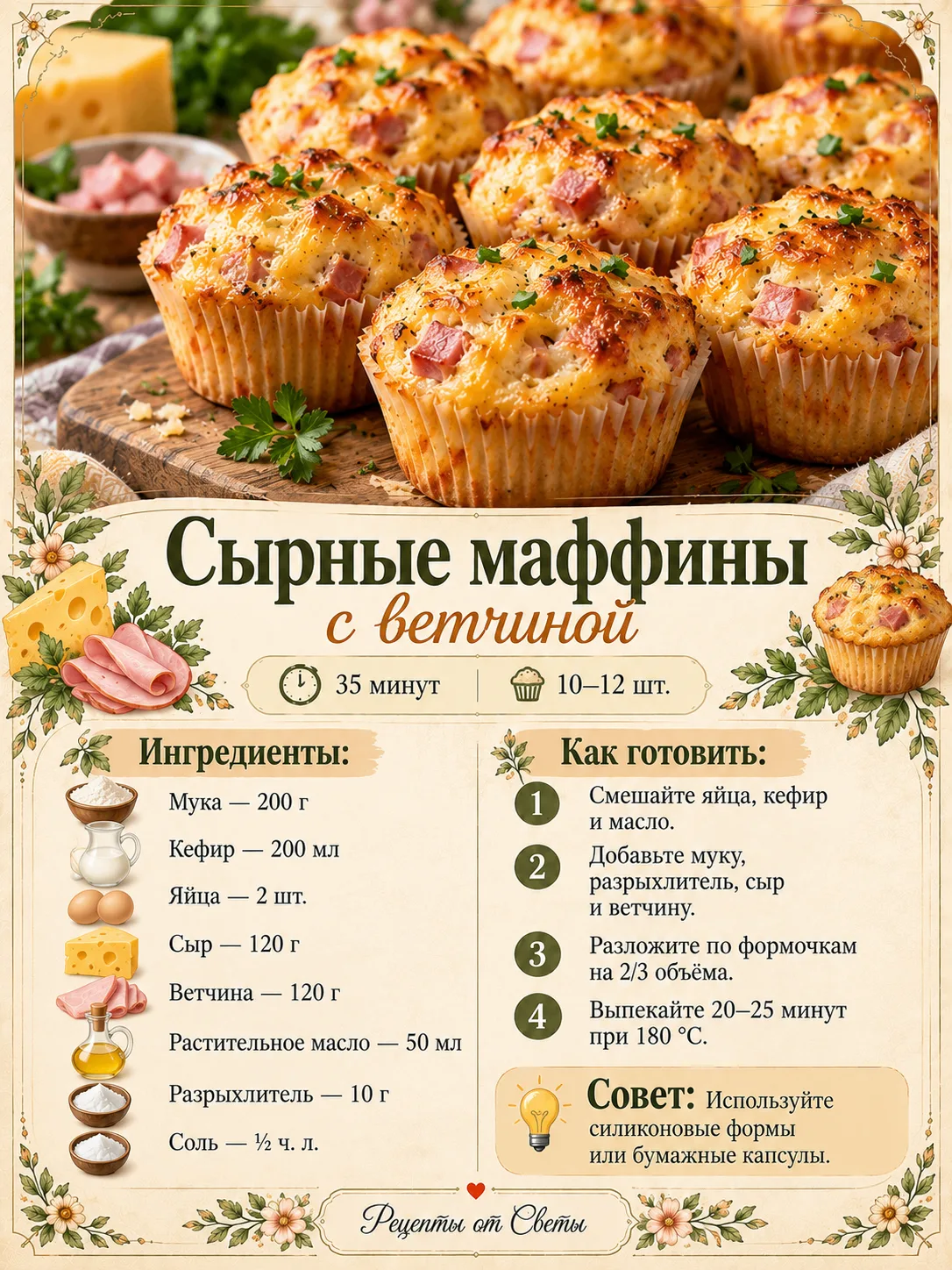 🧀 Золотистые сырные маффины с ветчиной, которые так и просятся на тарелочку к утреннем...