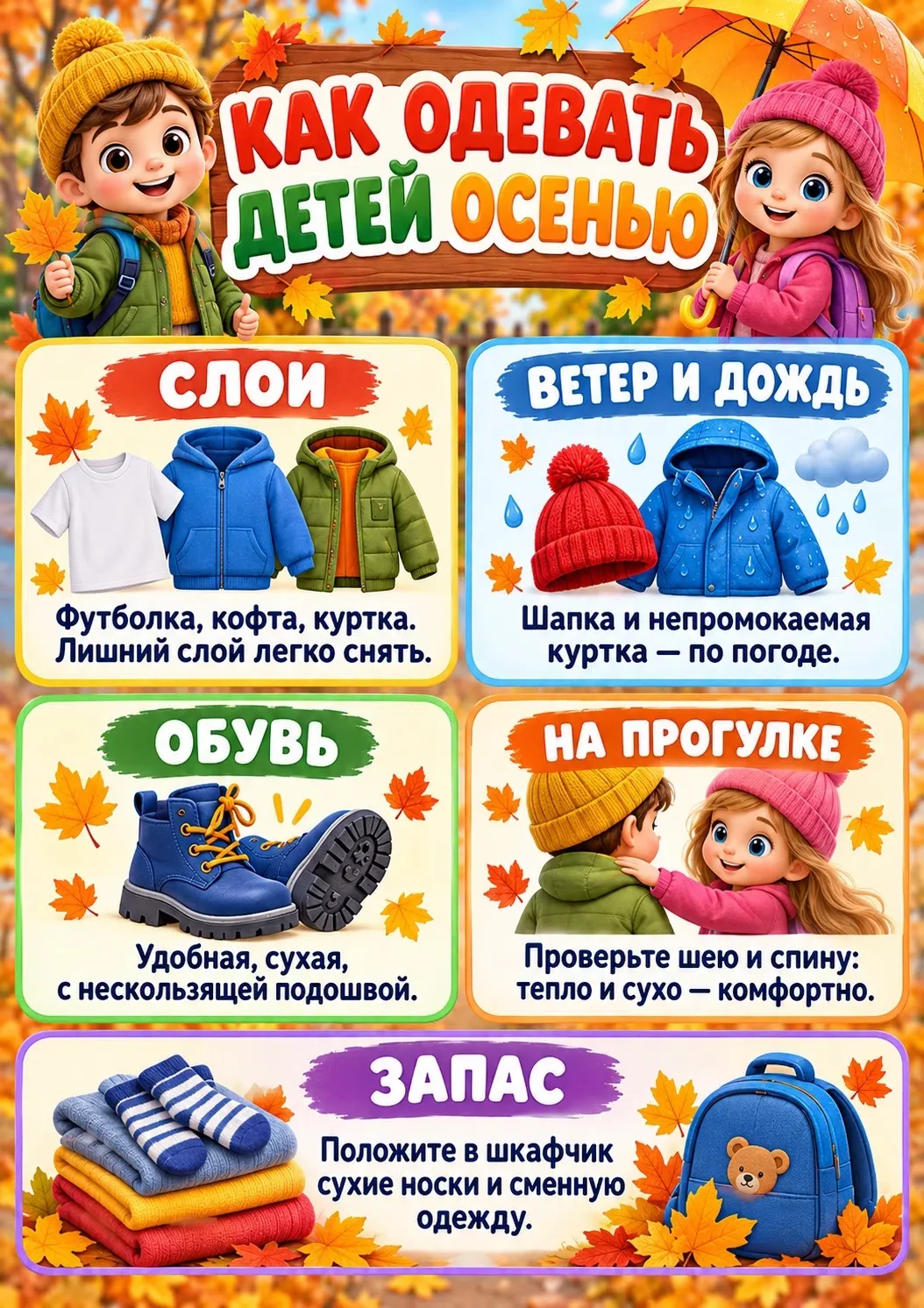 🍂 Как одевать детей осенью? Сохраняйте памятку с простыми подсказками для прогулок и д...
