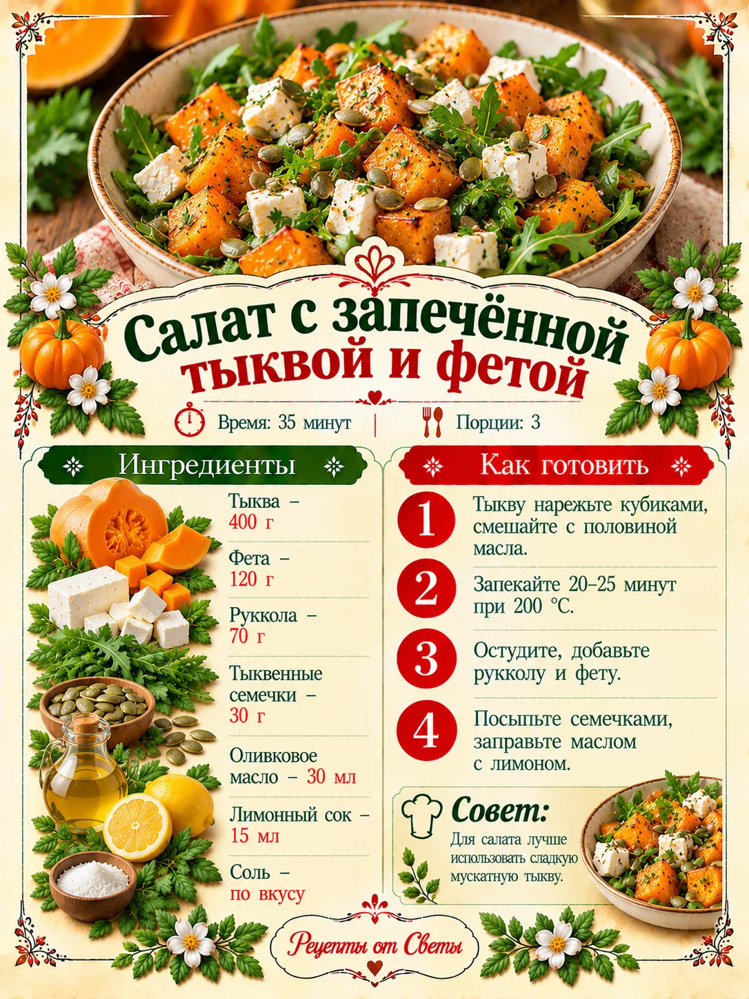 🎃 Салат с запечённой тыквой и фетой, где сладость осени встречается с пикантным сырным...