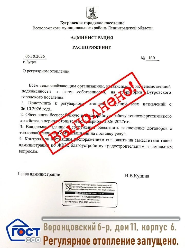 Об исполнении распоряжения №160 Ирины Купиной