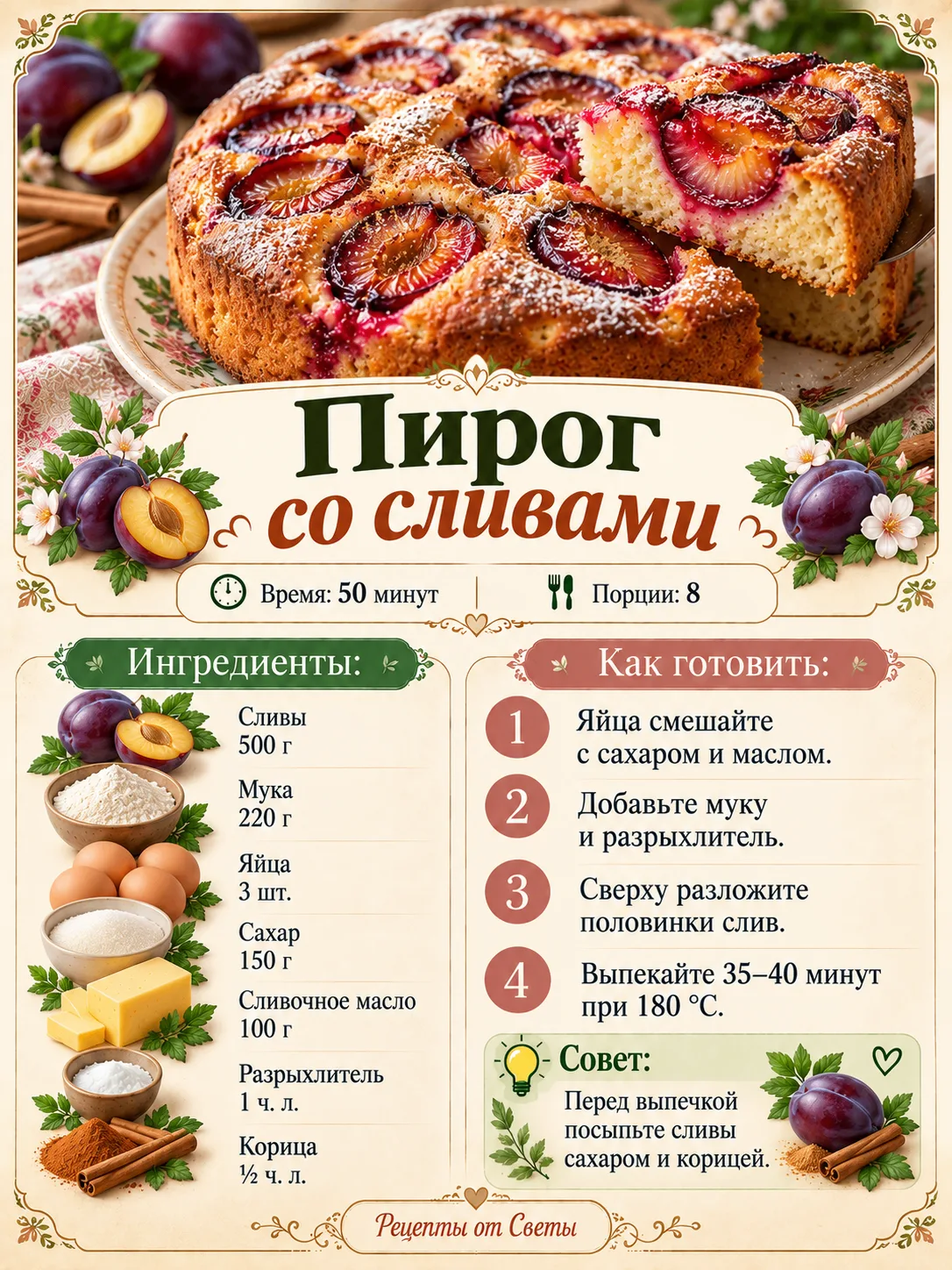 🥧 Сочные сливы в нежном пироге: пусть сегодня поводом для чаепития станет просто «хоче...