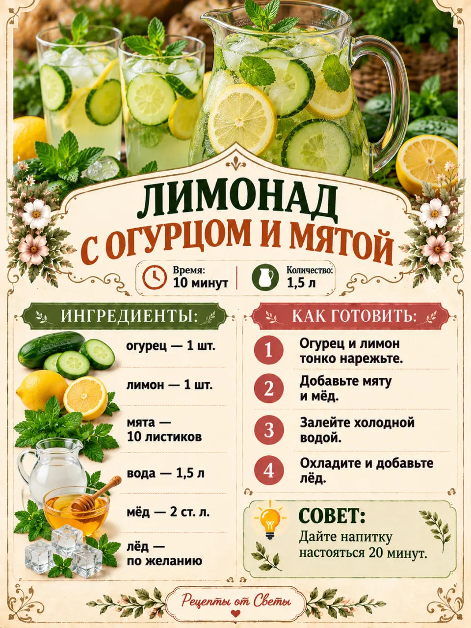 🍋 Лимонад с огурцом и мятой