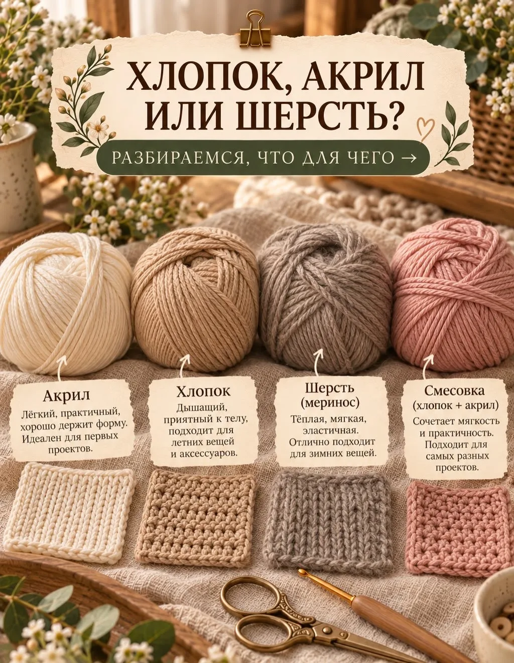 Хлопок, акрил или шерсть? Что для чего💕