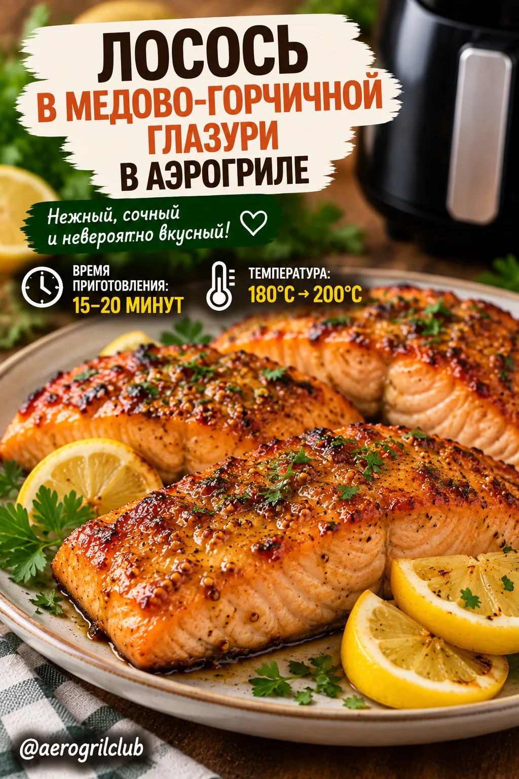 Лосось в медово-горчичной глазури с лимоном в аэрогриле 🐟🍋