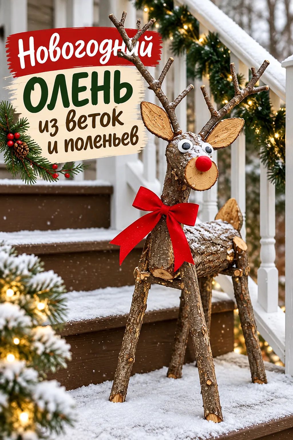 Новогодний олень из веток и поленьев — оригинальная идея для зимнего декора своими руками.