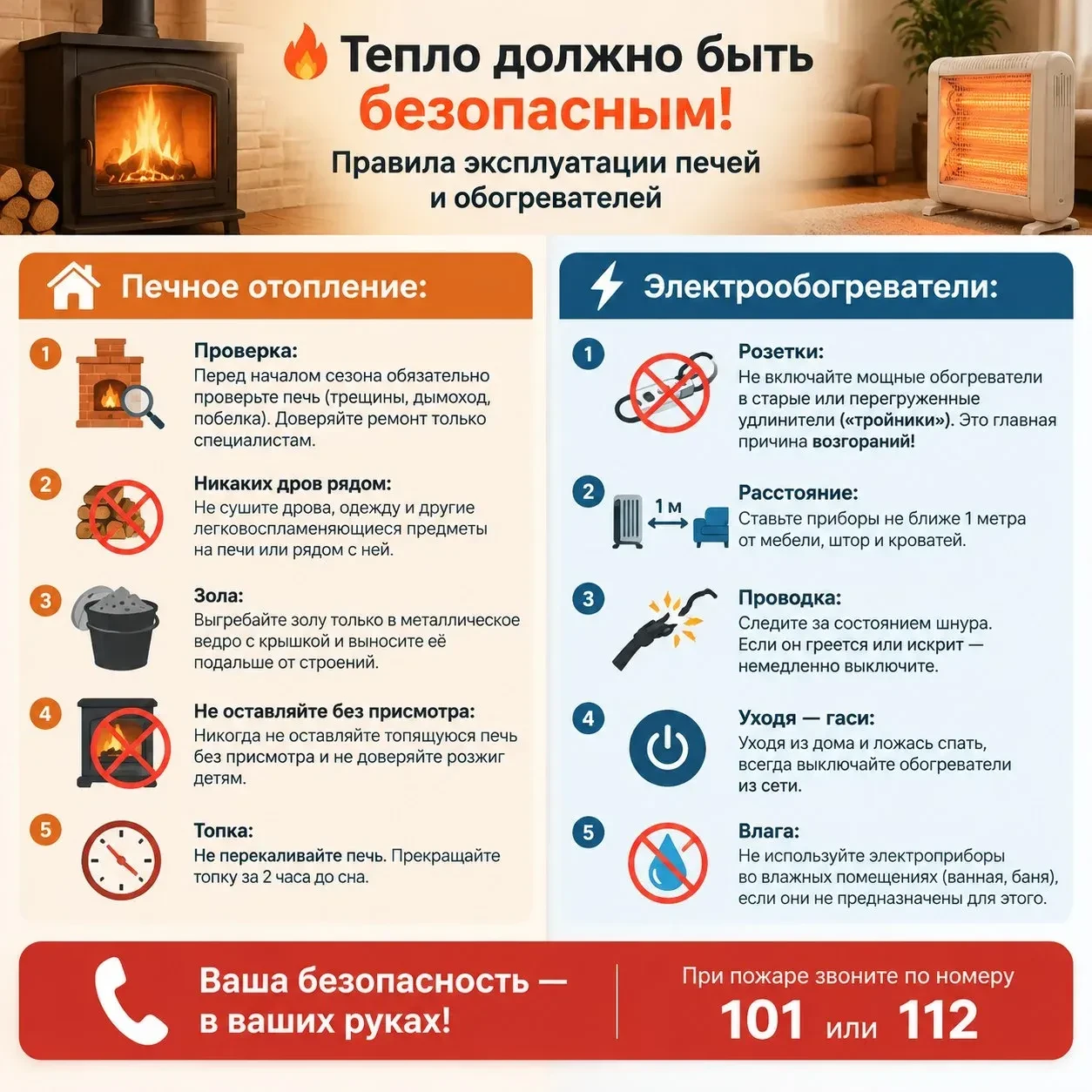 🔥 Тепло должно быть безопасным! Правила эксплуатации печей и обогревателей