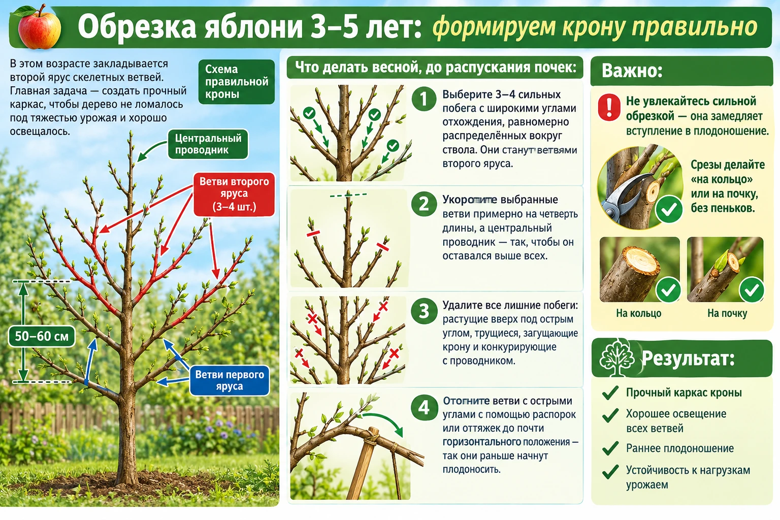 🍎 Обрезка яблони 3–5 лет: формируем крону правильно