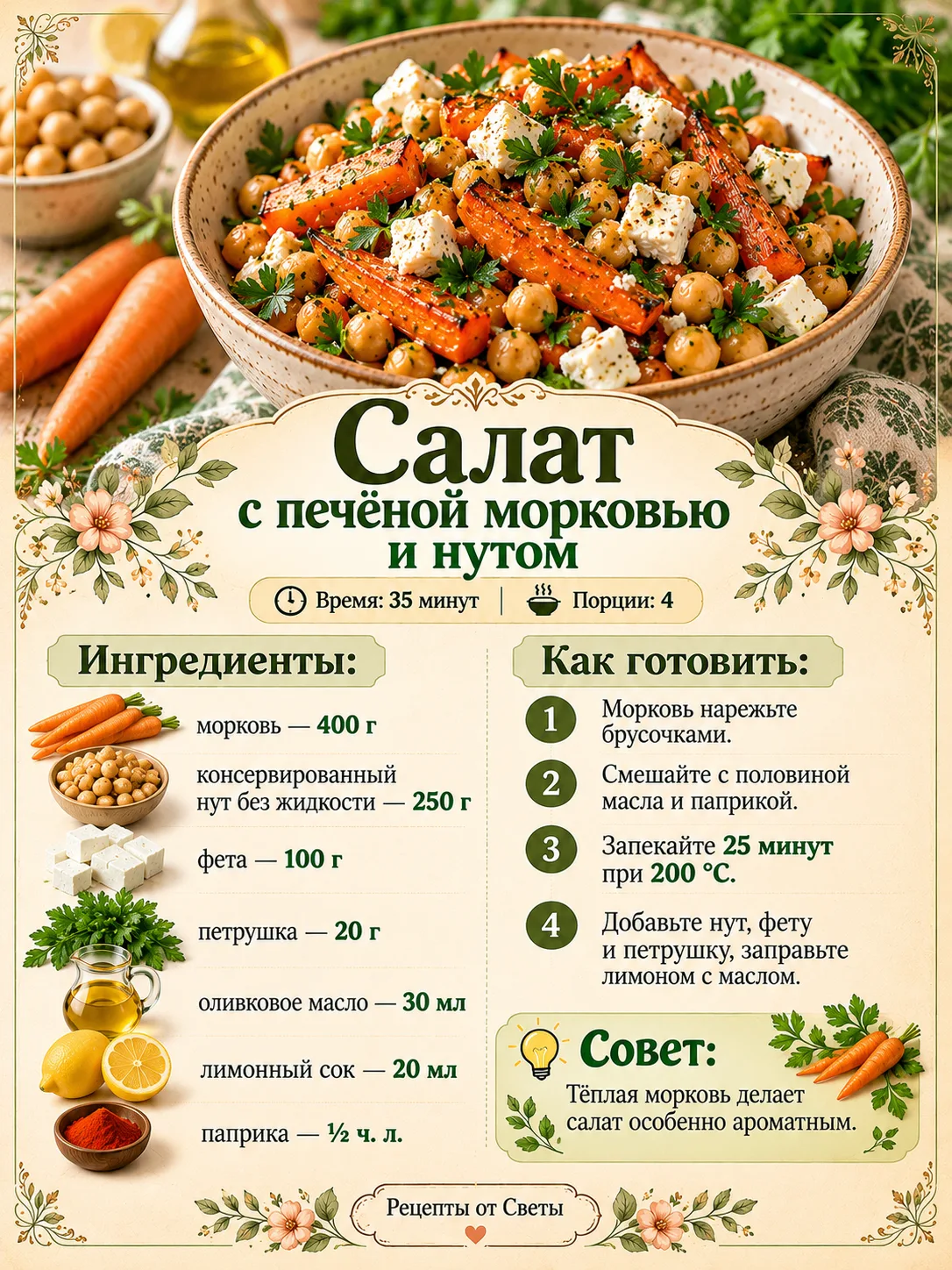 🥗 Салат с печёной морковью и нутом, яркий, сытный и совсем не скучный способ подружить...