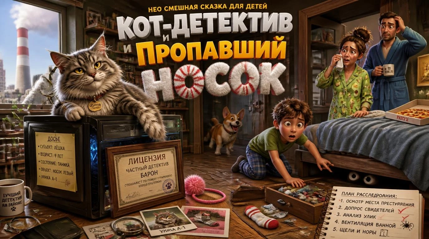 Нео смешная сказка для детей: Кот-детектив и пропавший носок