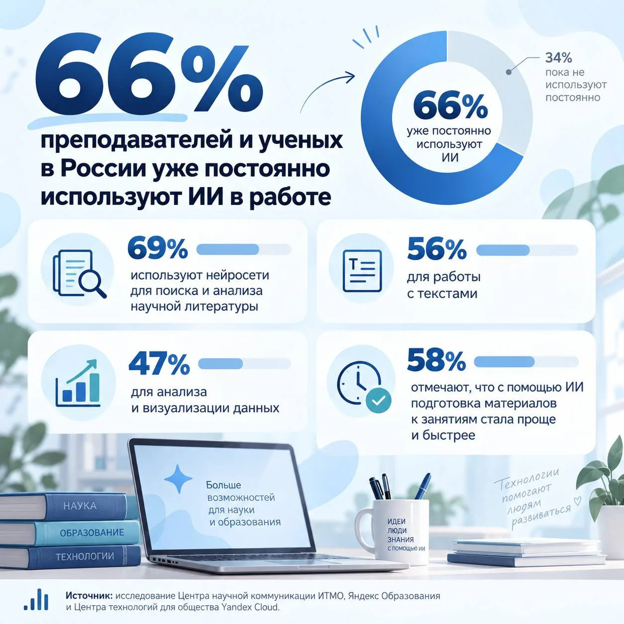 66% преподавателей и ученых в России уже постоянно используют ИИ в работе. А вы среди них?