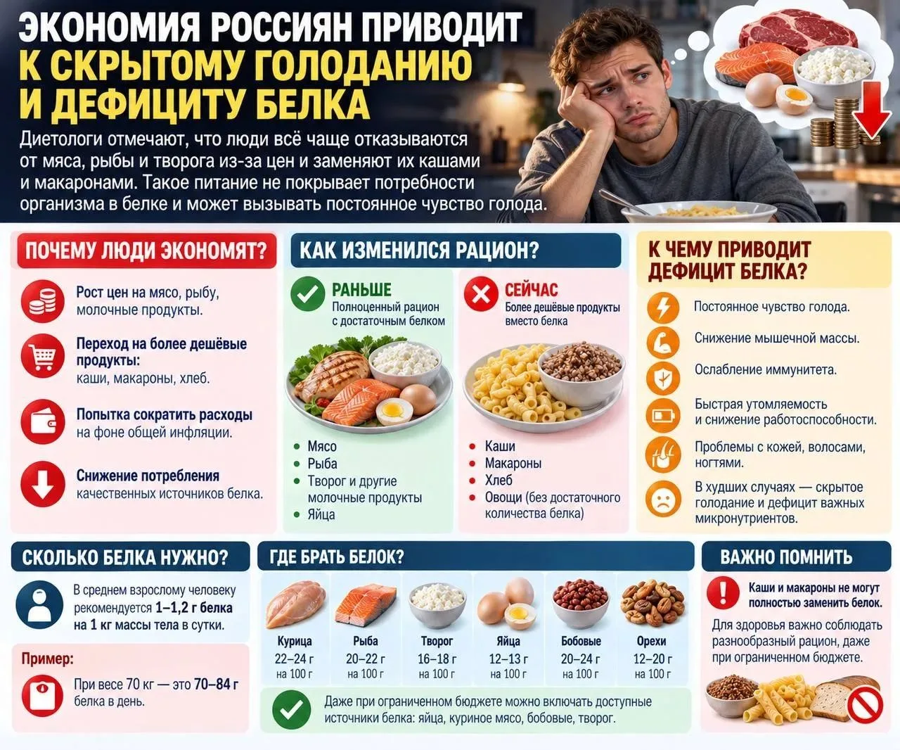 Экономия россиян приводит к скрытому голоданию и дефициту белка, рассказали диетологи.