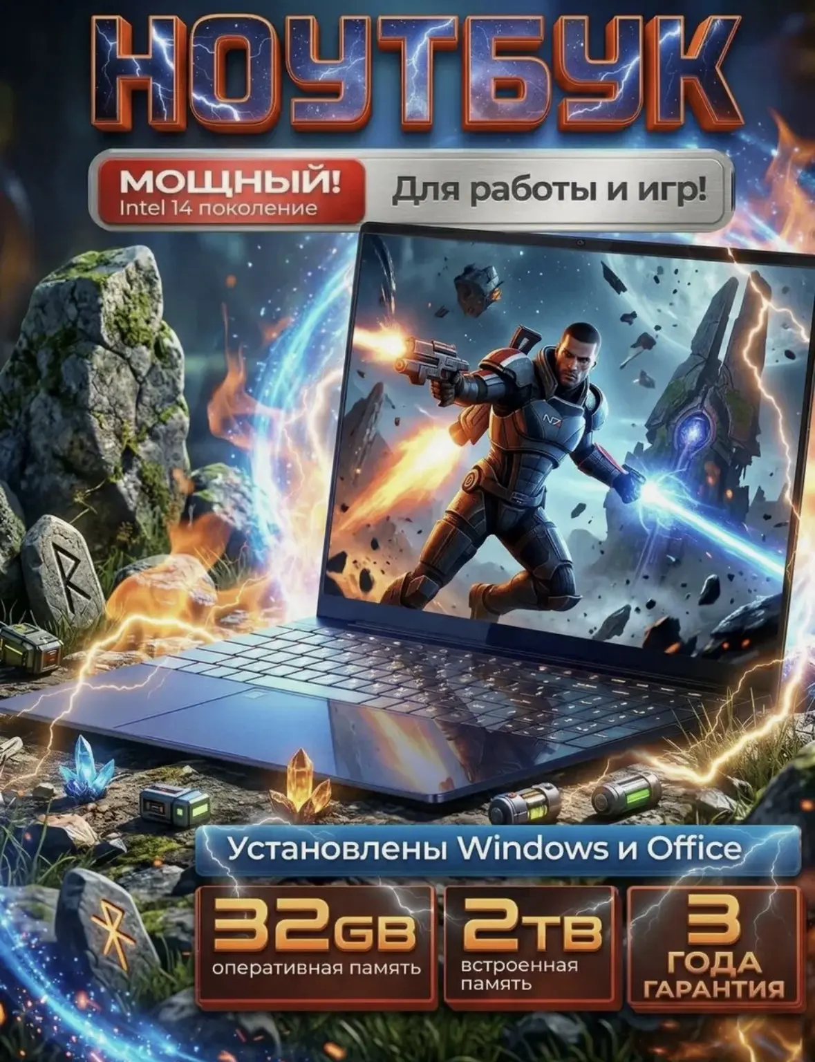 Ноутбук Intel Core i9-13980HX, 32GB RAM, 2048GB SSD, 2026 + Windows, Office