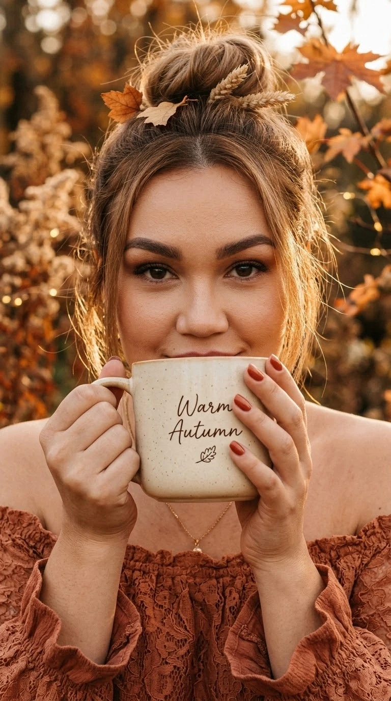Ultra-realistic cinematic autumn portrait using the reference image for the woman's exa...