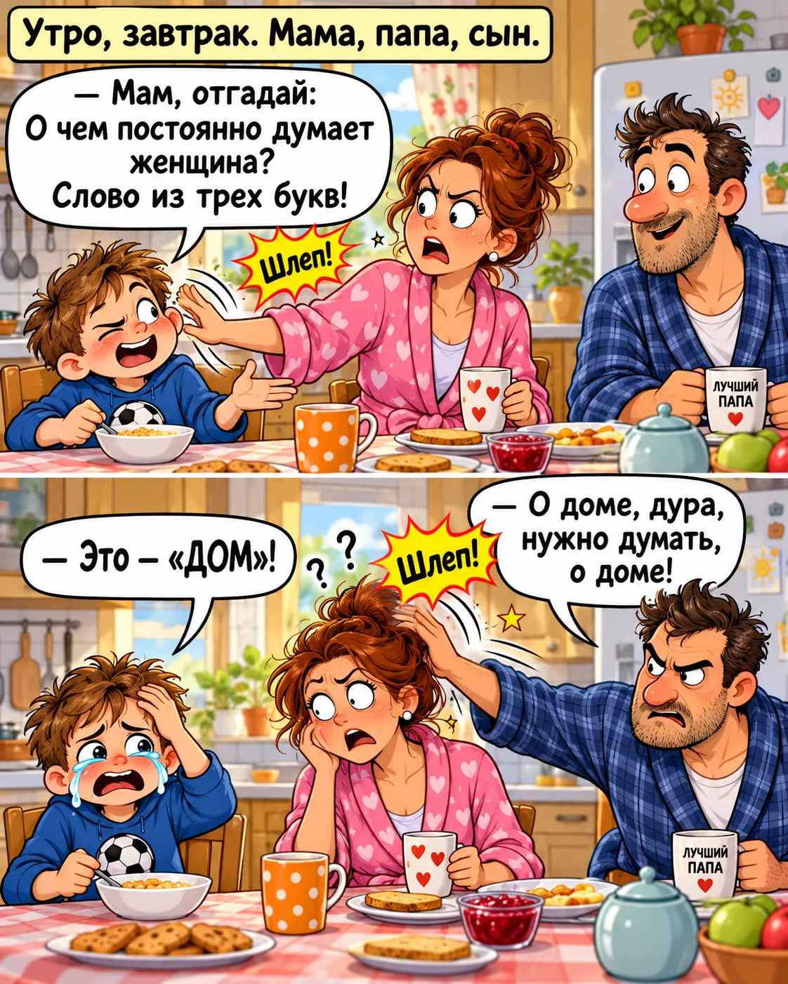 Утро, завтрак. Мама, папа, сын.