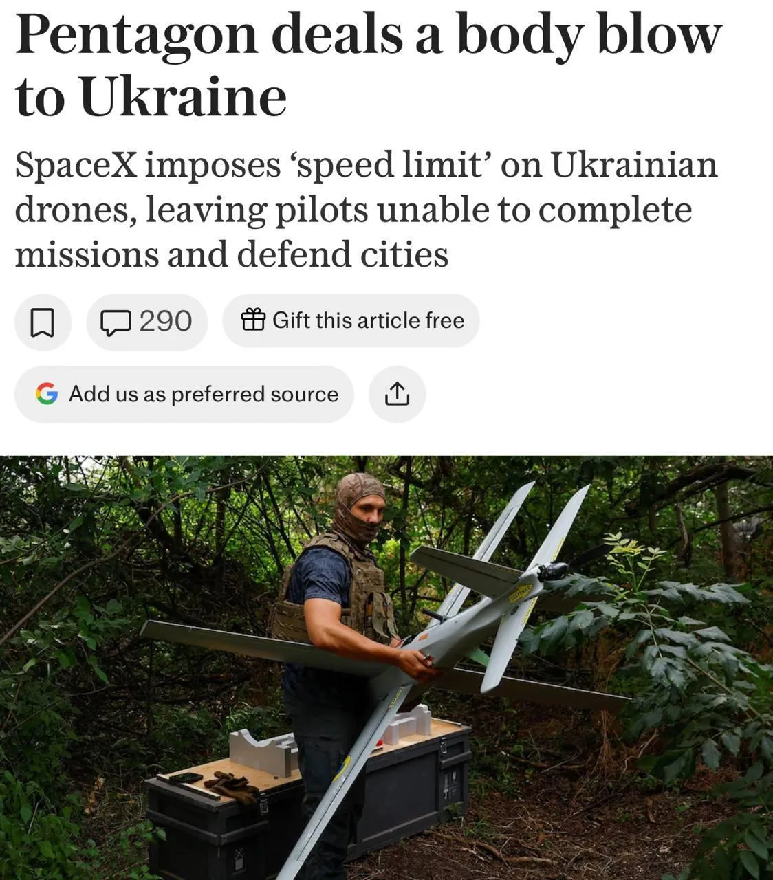 ⚡️ The Telegraph: ограничения Starlink нарушили работу дронов ВСУ