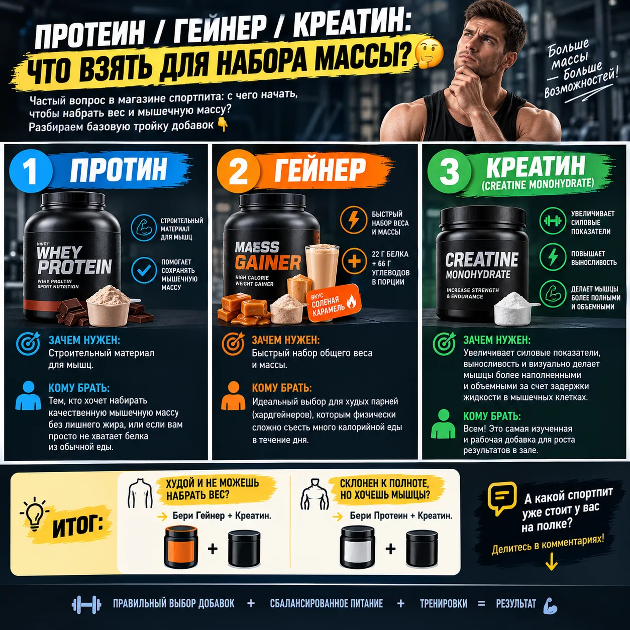 ПРОТЕИН / ГЕЙНЕР / КРЕАТИН: ЧТО ВЗЯТЬ ДЛЯ НАБОРА МАССЫ? 🤔